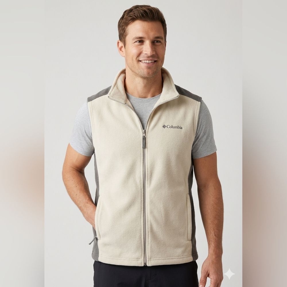 Columbia Men's Cream Fleece Vest with Gray Accents